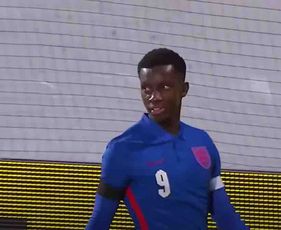 Eddie Nketiah reacts to scoring in England U21 victory