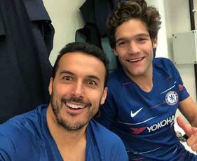 Marcos Alonso and Pedro's dressing room selfie after Chelsea beat Slavia Prague