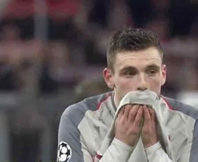 GIF: Andy Robertson reacts to being ruled out of Liverpool's quarter-final first leg