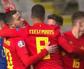 Chelsea's Eden Hazard reacts to winning his 100th cap for Belgium
