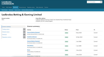 UK Gambling Commission lists Ladbroke's licensed betting operations