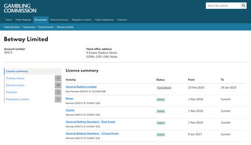 UK Gambling Commission lists Betway's licensed betting operations