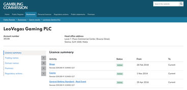 UK Gambling Commission lists LeoVegas' licensed betting operations