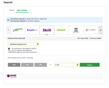 The process of making a deposit on Paddy Power using Skrill