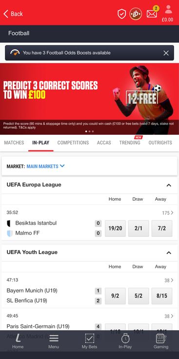 Ladbrokes' mobile app homepage