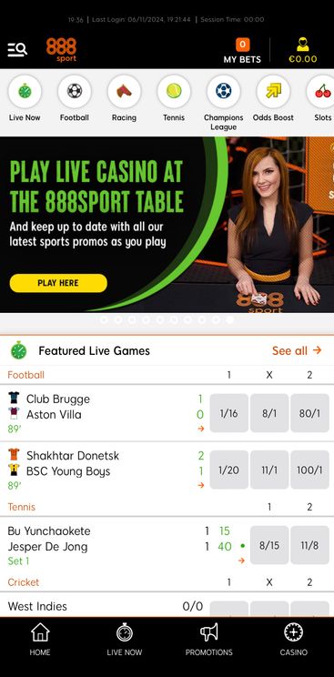 888sport's mobile app homepage