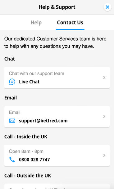 Help & support options offered by Betfred