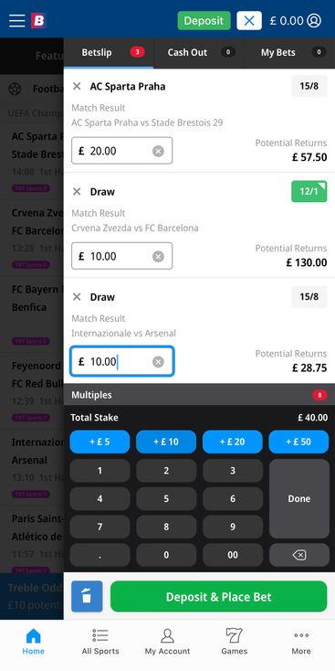 Placing a bet on Betfred's mobile app