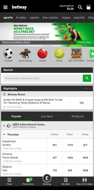 Betway app home screen