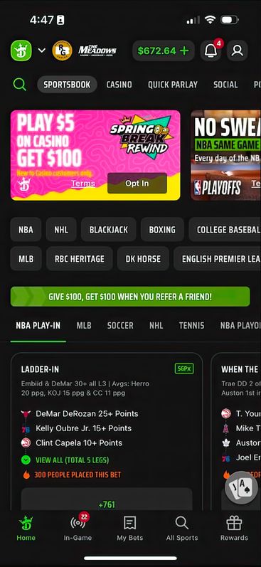 DraftKings' mobile app homepage