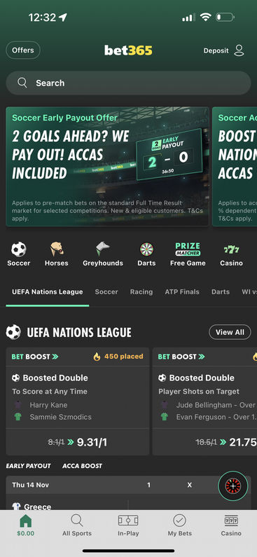 bet365's mobile app homepage