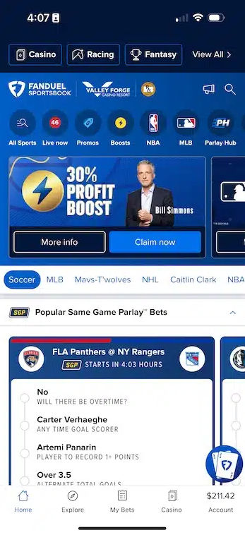 FanDuel's mobile app homepage