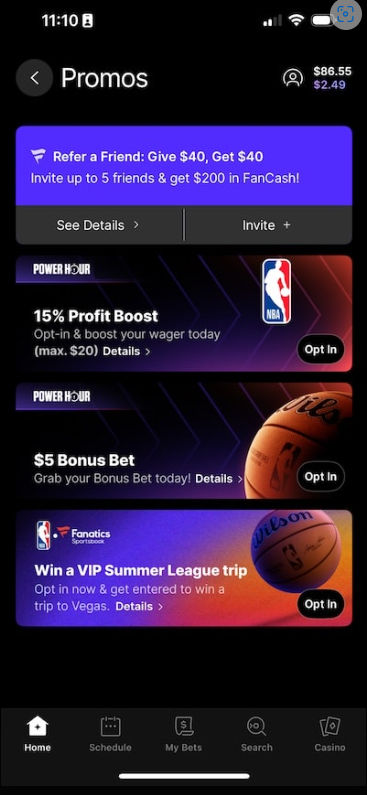 Promos section on Fanatics' mobile app