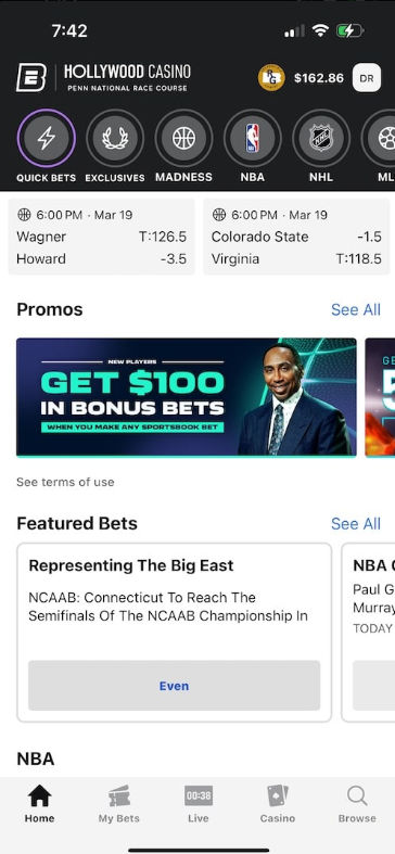 ESPN Bet's mobile app homepage