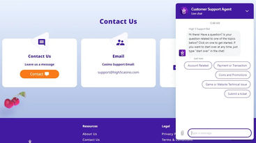 Customer service options on High 5 Casino
