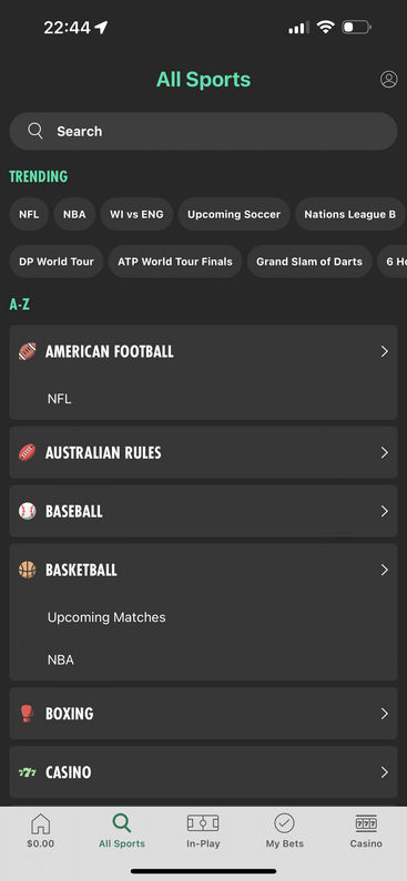 bet365's comprehensive menu