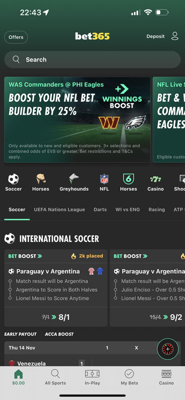 bet365's mobile app homepage