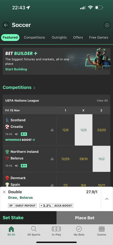 Placing a bet on bet365's mobile app