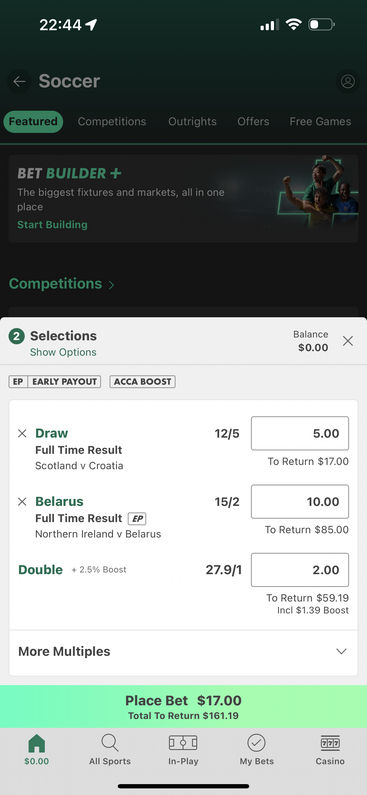 Placing a bet on bet365's mobile app