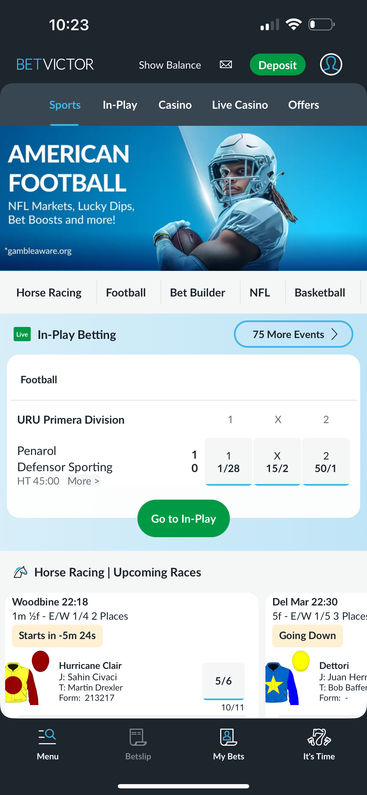 BetVictor's mobile app homepage