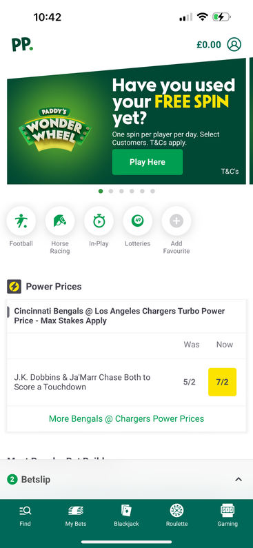 Paddy Power's mobile app homepage