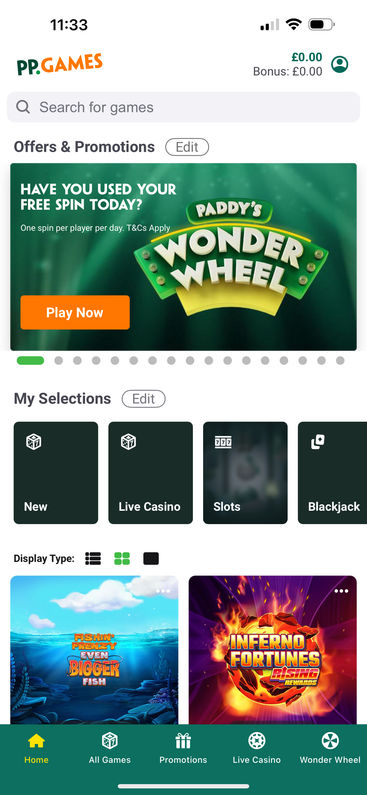 Paddy Power's mobile app homepage