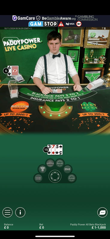 Live blackjack on Paddy Power's mobile app