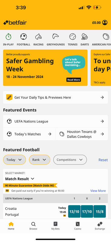 Betfair's mobile app homepage