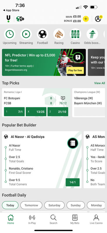 Unibet's mobile app homepage