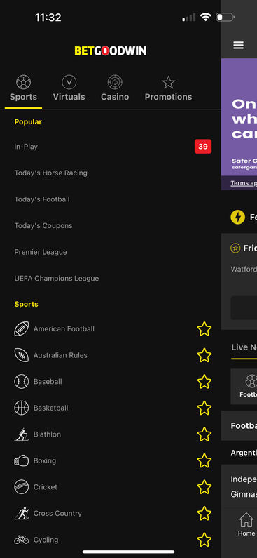 BetGoodwin's mobile app menu