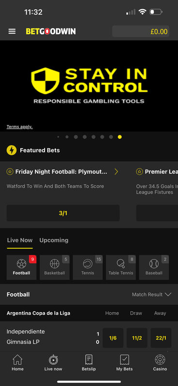 BetGoodwin's mobile app homepage