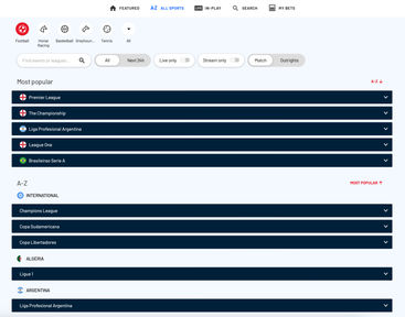 A-Z sports on BetUK