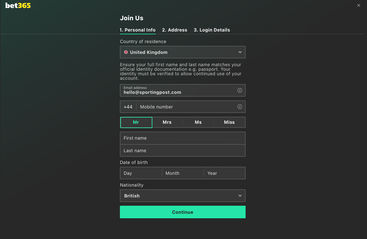 Process of creating an account on bet365 Bingo