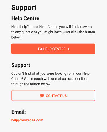 Customer service options on LeoVegas