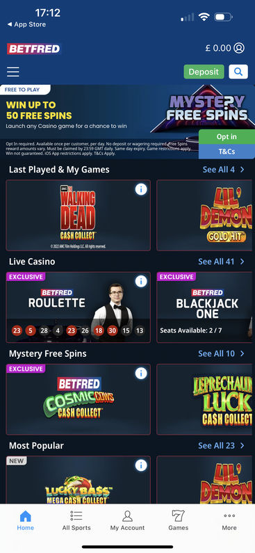 Betfred Casino's mobile app homepage