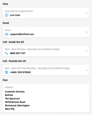 Customer service options on Betfred Casino
