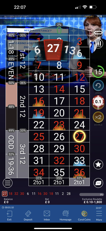 Playing roulette on Coral Casino's mobile app