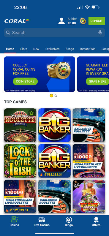 Coral Casino mobile app homepage