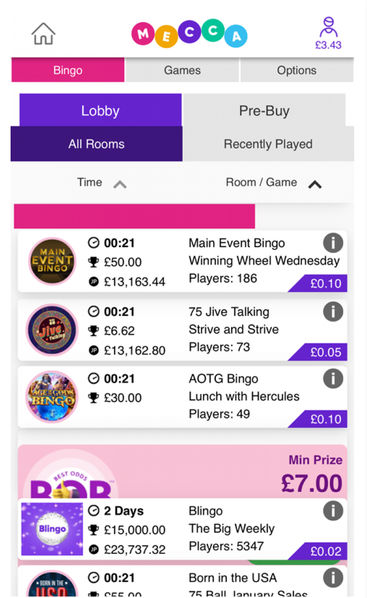 Mecca Bingo's mobile app