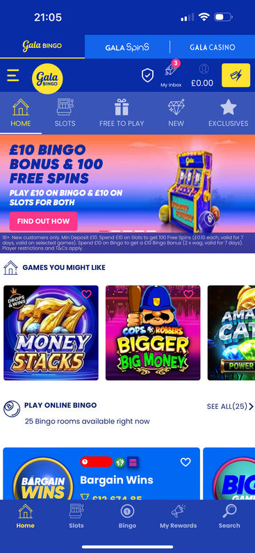 Gala Bingo's mobile app homepage