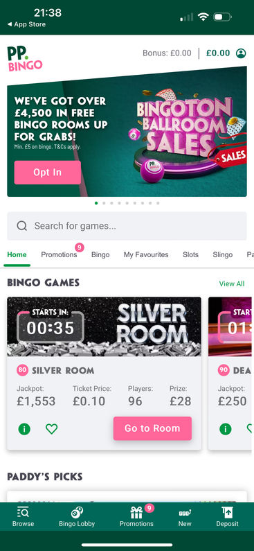 Paddy Power Bingo mobile app homepage