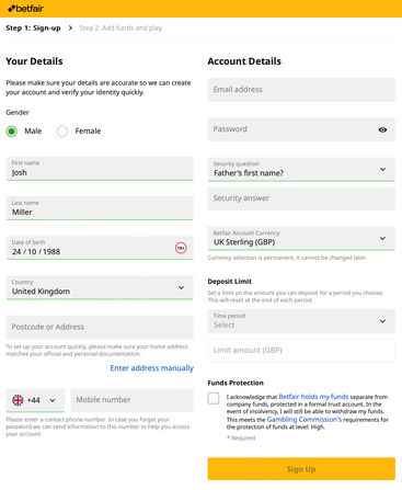 Creating an account on Betfair Bingo