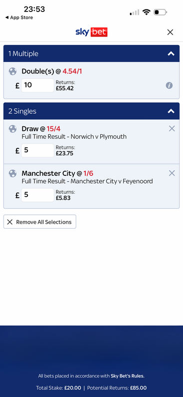 Placing a bet on Sky Bet's mobile app