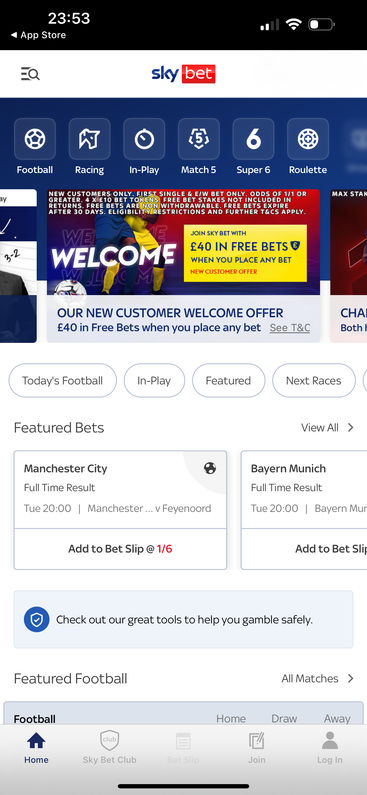 Sky Bet's mobile app homepage