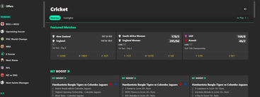 Screenshot of bet365 cricket betting options