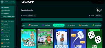 punt sweepstakes casino homepage navigation