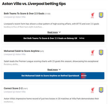 Aston Villa vs Liverpool English Premier League betting tips example