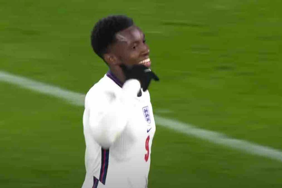 Eddie Nketiah reacts to break England U21 goalscoring record