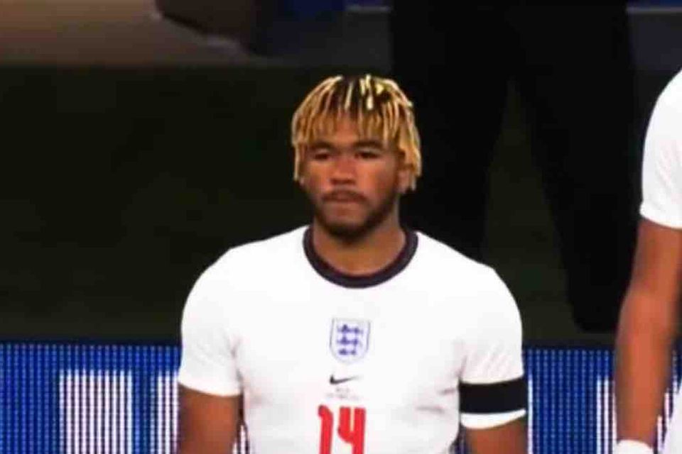 Chelsea's Reece James reacts to England debut