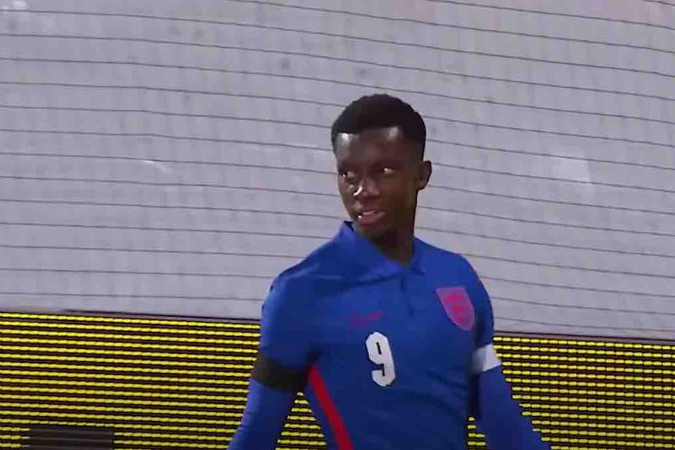Eddie Nketiah reacts to scoring in England U21 victory